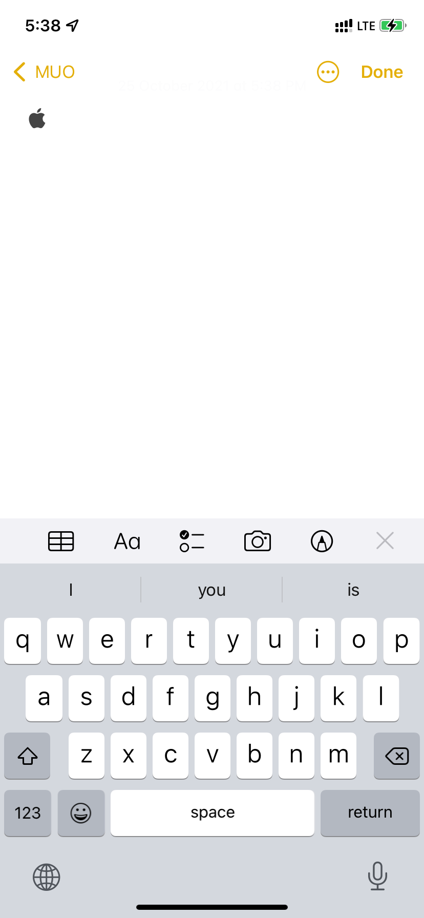 Ввод логотипа Apple в Примечаниях на iPhone
