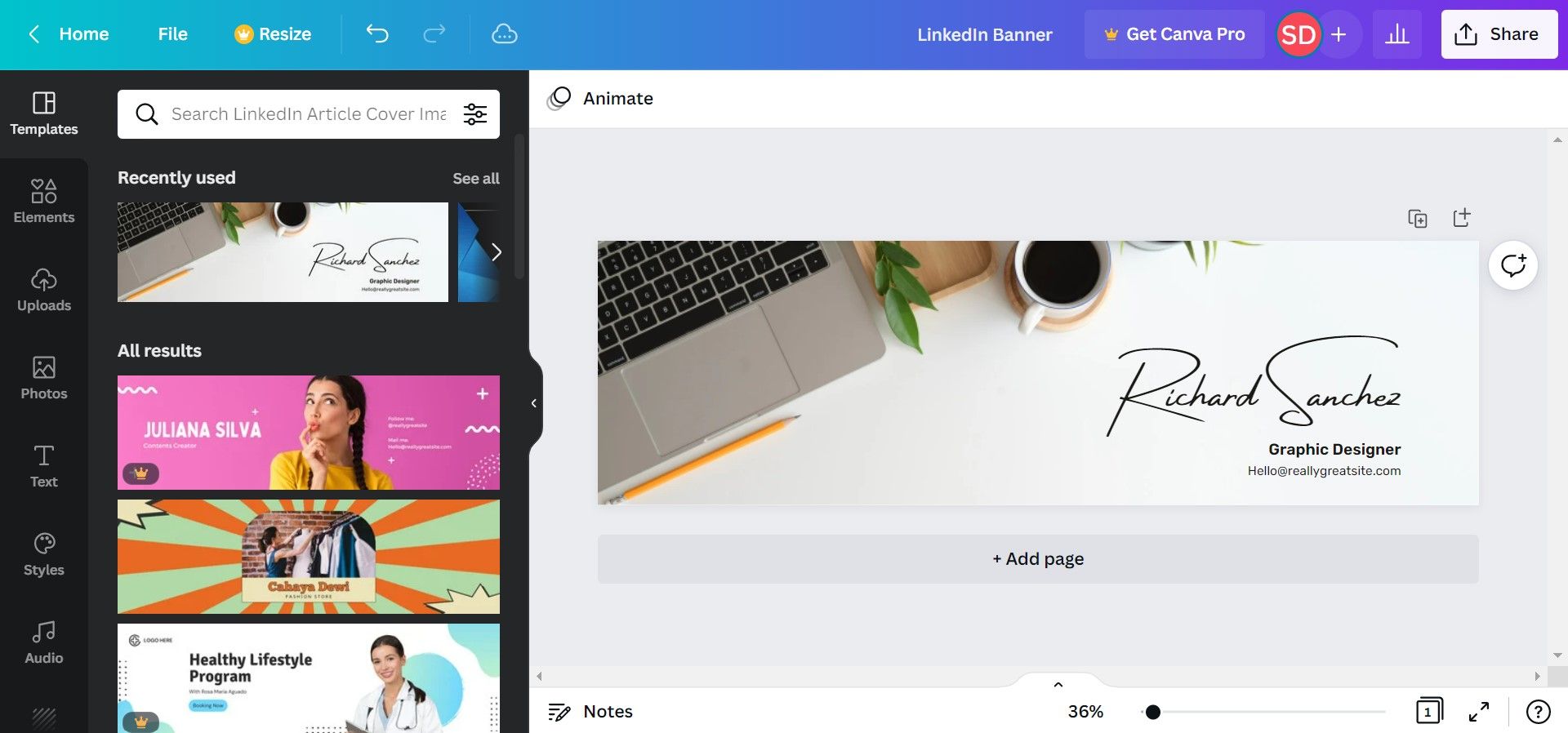 Выбранный шаблон баннера LinkedIn на холсте Canva