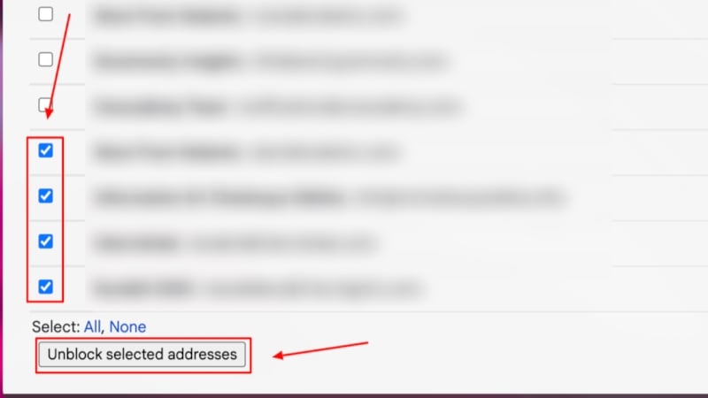 Изображение: разблокировка нескольких адресов в Gmail