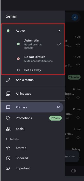 Выбор статуса в мобильном Gmail