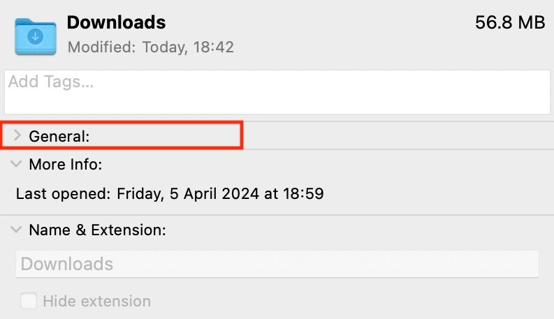 Разворачивание вкладки General для просмотра пути к папке Загрузки.