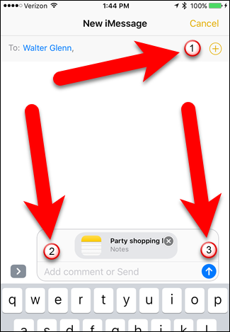 Добавление контактов и отправка заметки через iMessage