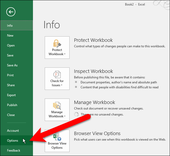 Кнопка Options в backstage Excel для открытия окна настроек