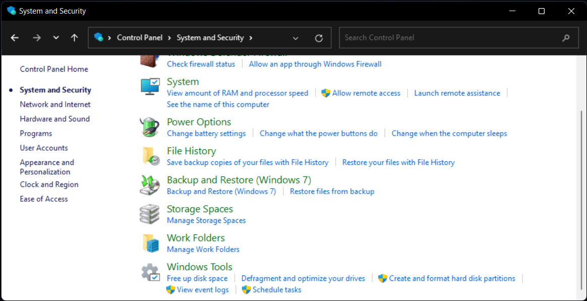 Панель управления, раздел Система и безопасность