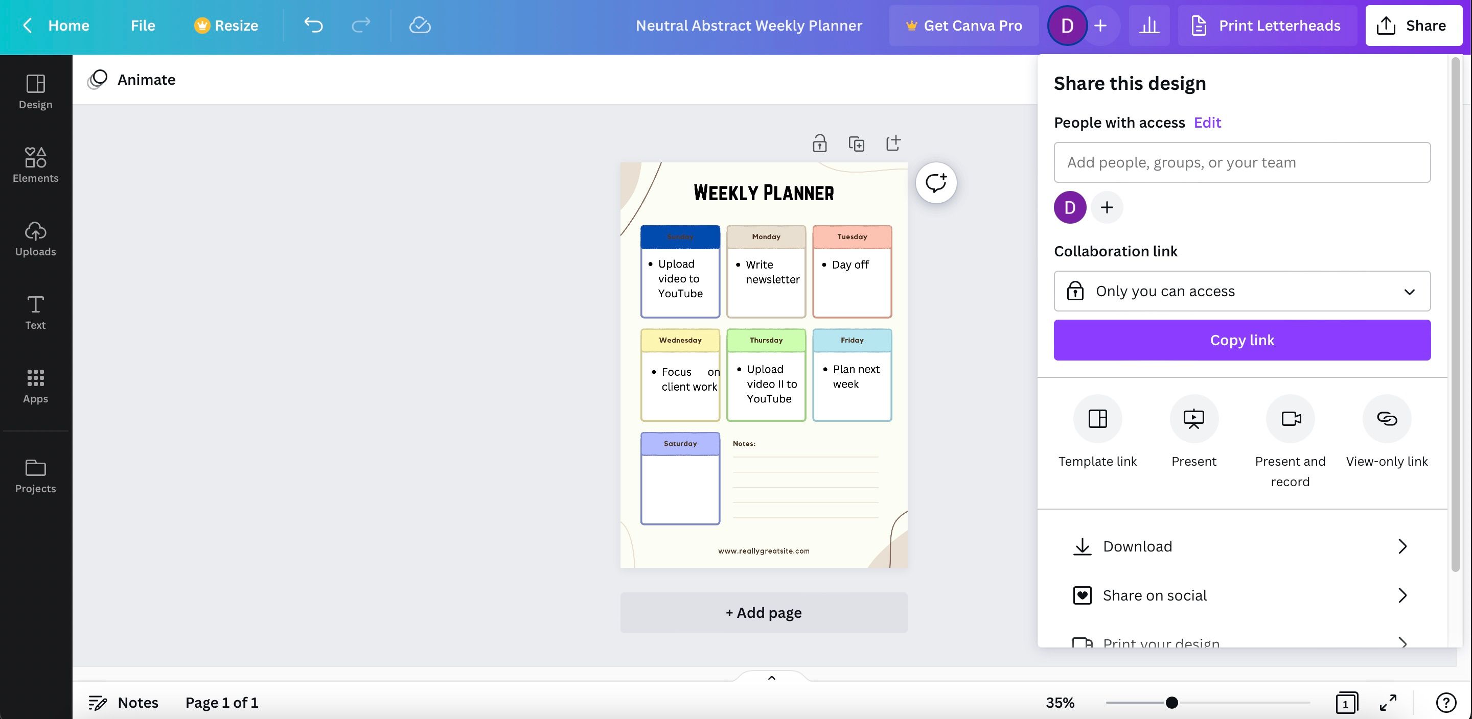 Кнопка «Поделиться» и меню «Скачать» в Canva — выбор формата экспорта