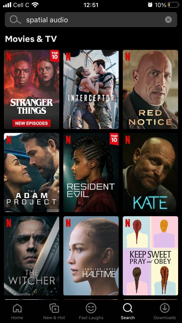 Страница с результатами spatial audio в мобильном приложении Netflix