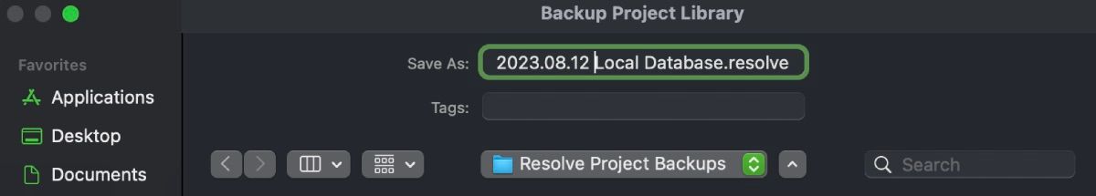 Переименование и выбор расположения файла резервной копии на macOS