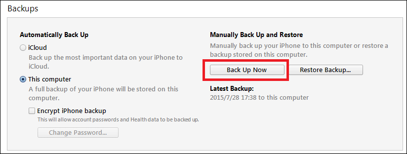 Кнопка Backup Now в iTunes для создания резервной копии вручную