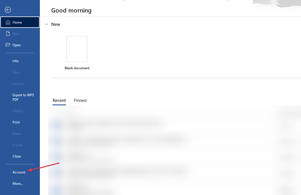 Вкладка Аккаунт в Word с параметрами обновления