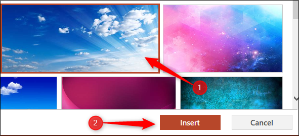Выбор изображения из Bing и кнопка Вставить