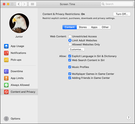 Меню «Контент и конфиденциальность» в macOS