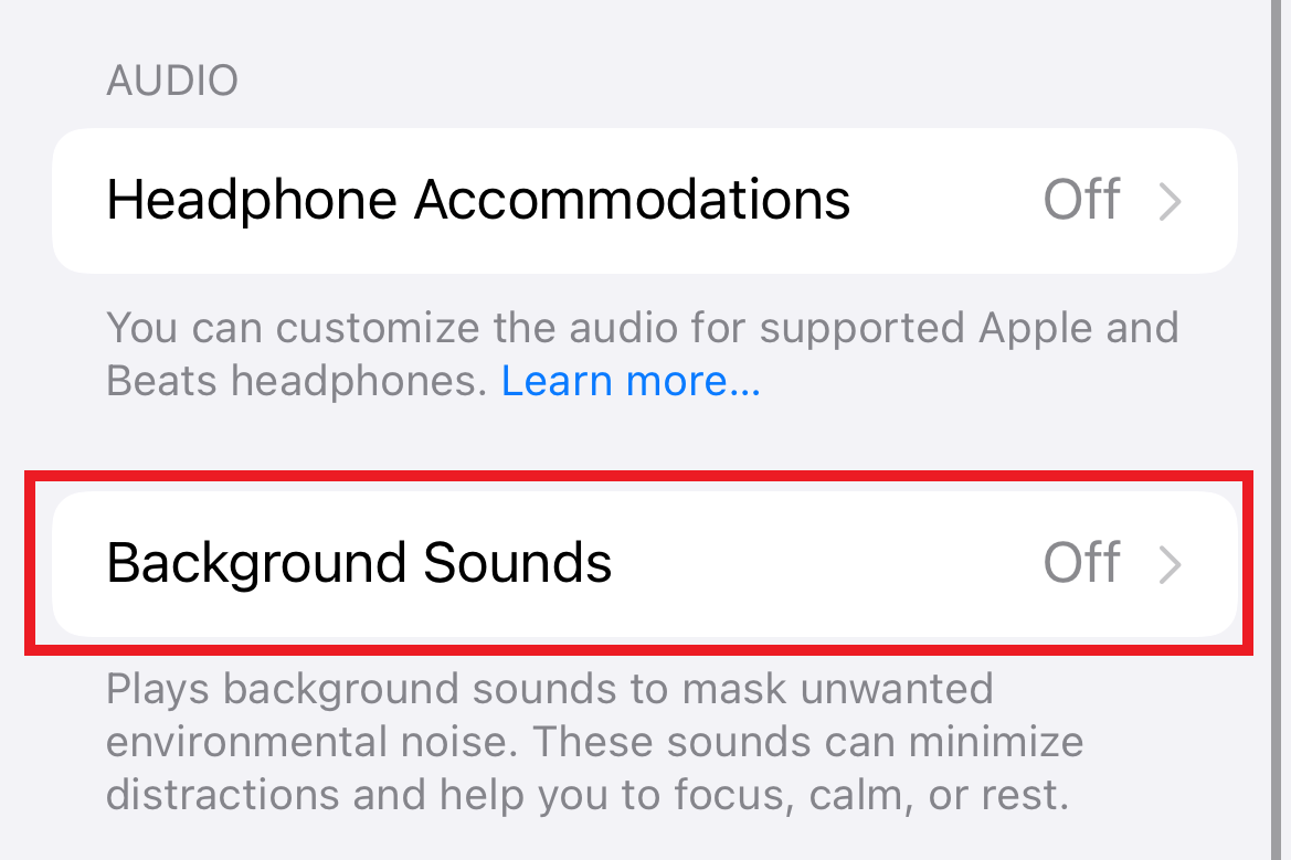 Экран с пунктом Фоновые звуки