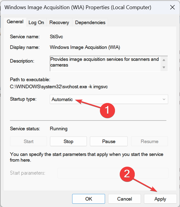 Параметр Тип запуска: Автоматически для исправления imgsvc