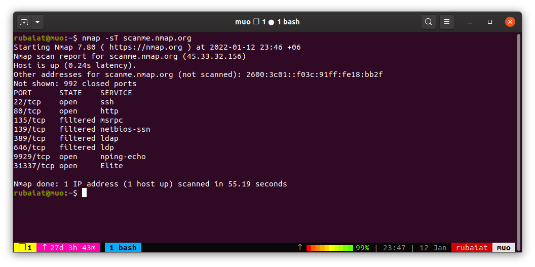 Диаграмма: пример использования nmap для сканирования открытых TCP‑портов
