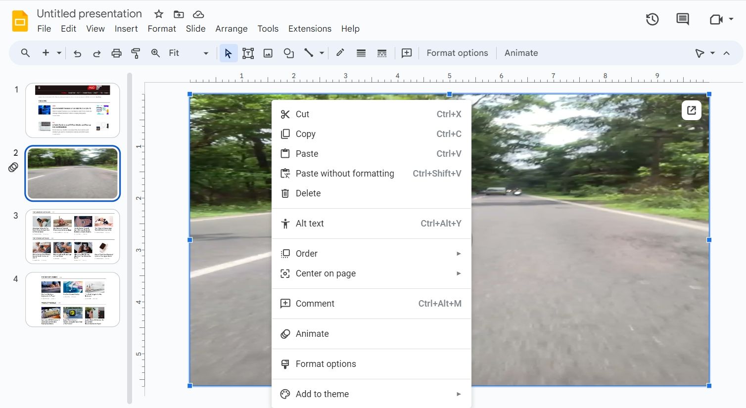 Параметры формата видео в Google Slides