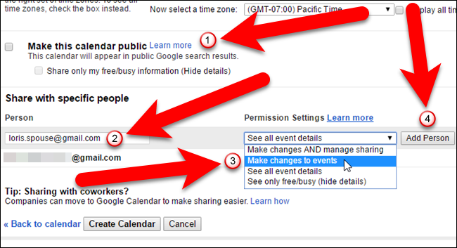 Добавление конкретного человека в доступ к календарю