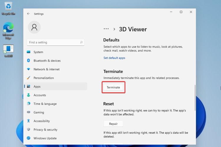 Кнопка Завершить в дополнительных параметрах приложения