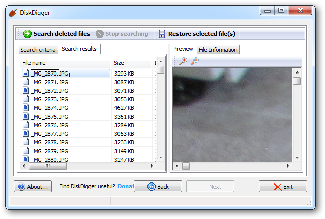 Превью найденных файлов в DiskDigger