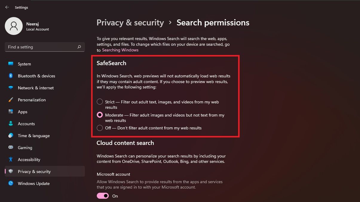 Окно настроек SafeSearch в Windows 11