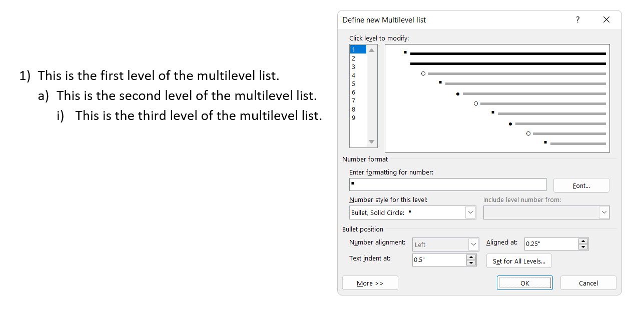 Параметры многоуровневого списка