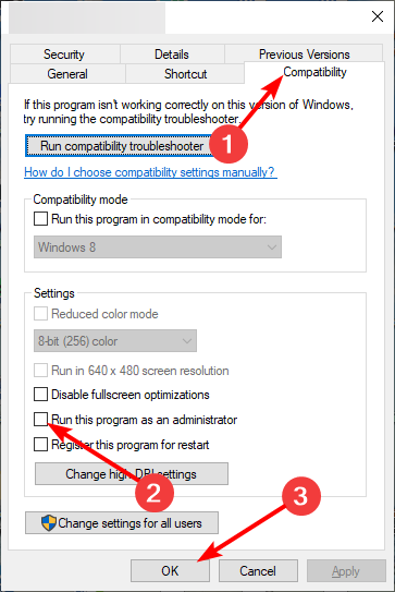 Скриншот вкладки Совместимость с опцией