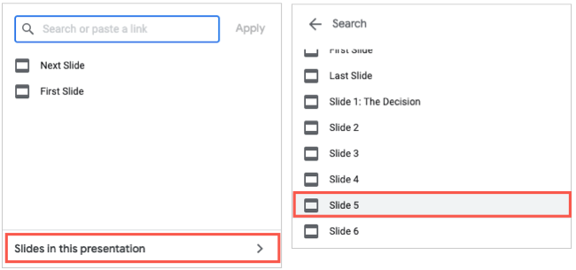 Выбор слайда в презентации для ссылки