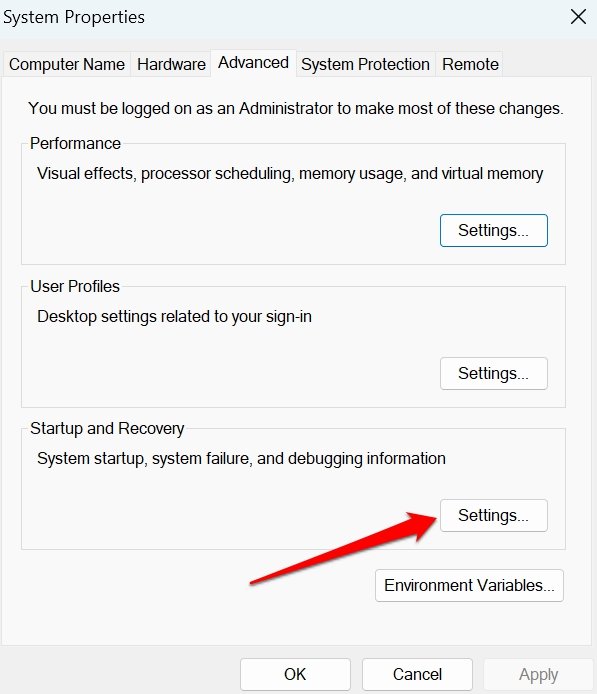 Start- und Wiederherstellungsoptionen in Windows 11