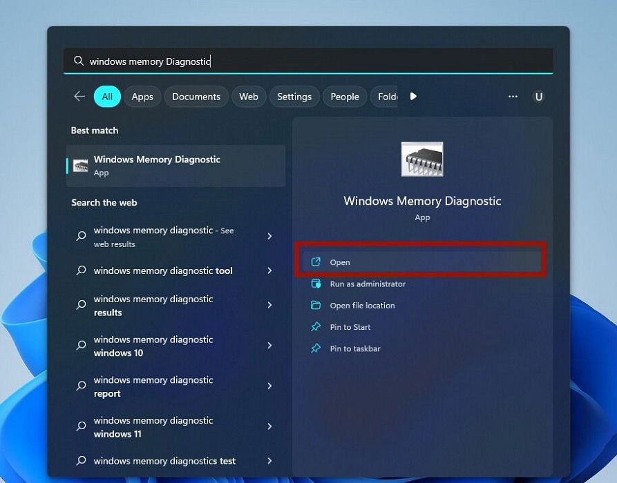 Параметр Диагностика памяти Windows в поиске
