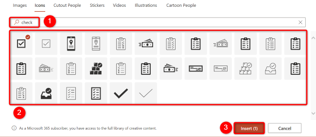 Выберите иконку галочки и нажмите «Вставить».