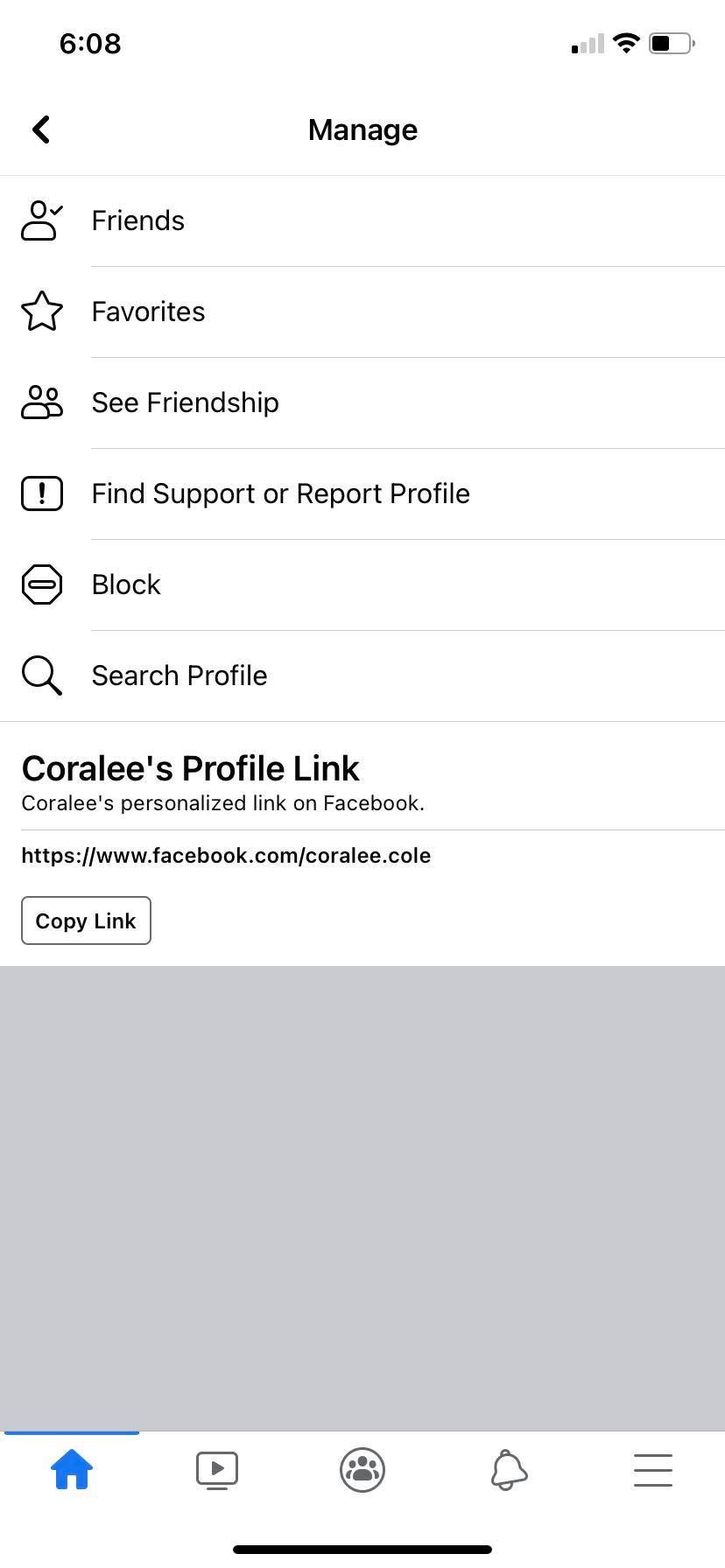 скриншот меню профиля Facebook
