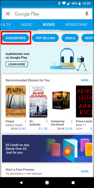 Промо и раздел аудиокниг в Play Store