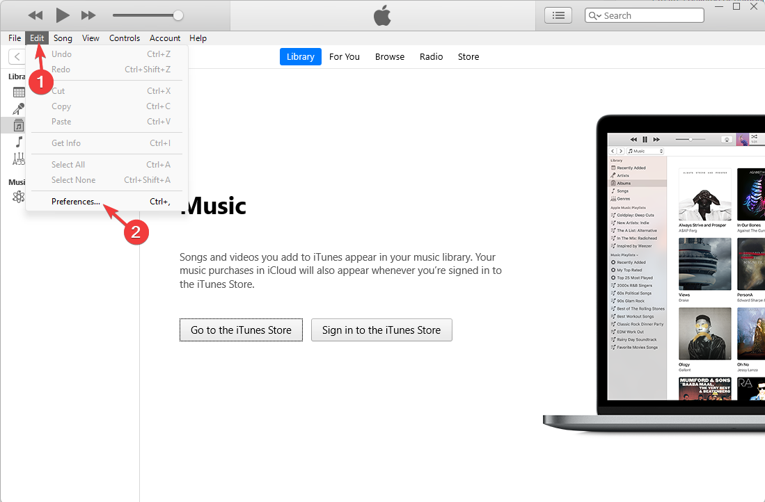 Открытие настроек iTunes через Edit → Preferences