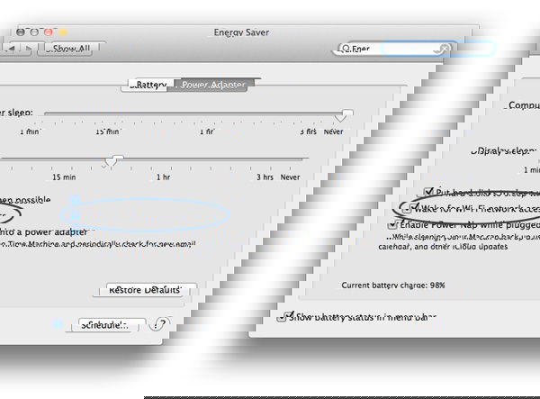 Опция Пробуждать для сетевого доступа выделена в настройках Mac