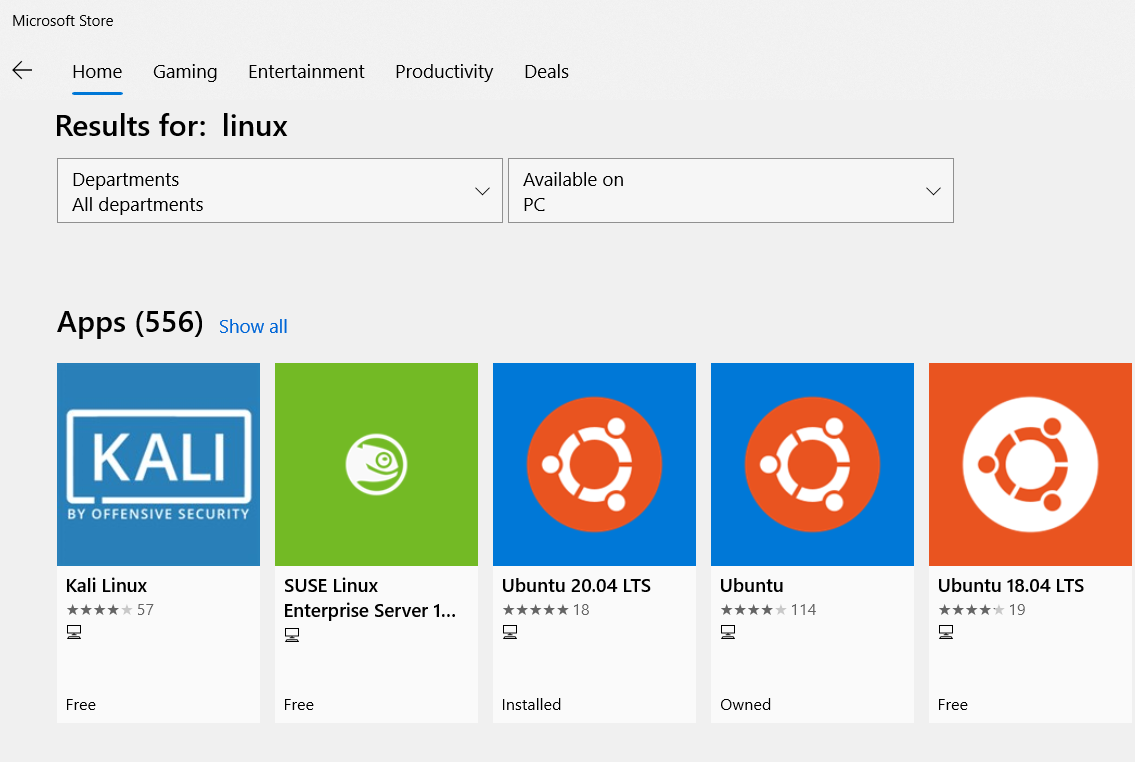 Linux distros in the Windows Store