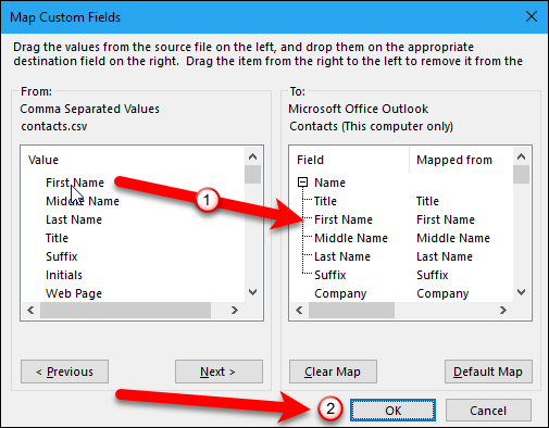 Диалог сопоставления полей при импорте в Outlook