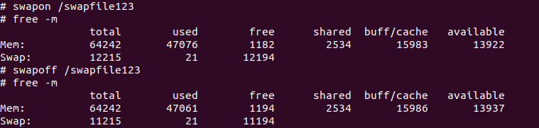 Вывод free -m, показывающий изменение объёма swap при отключении