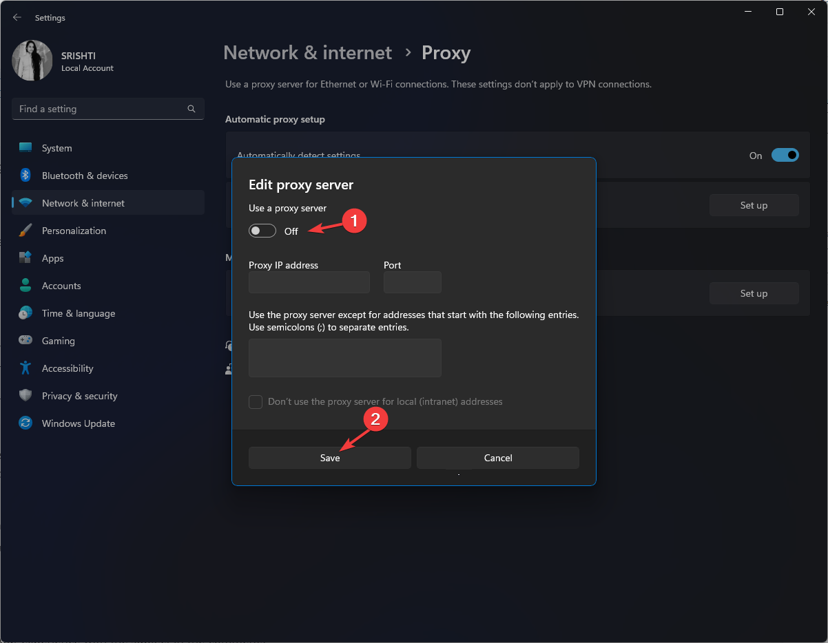 Параметр Use a proxy server выключен