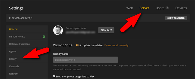 Параметры библиотеки Plex