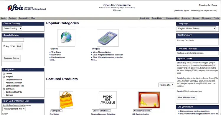 Интерфейс интернет-магазина OFBiz