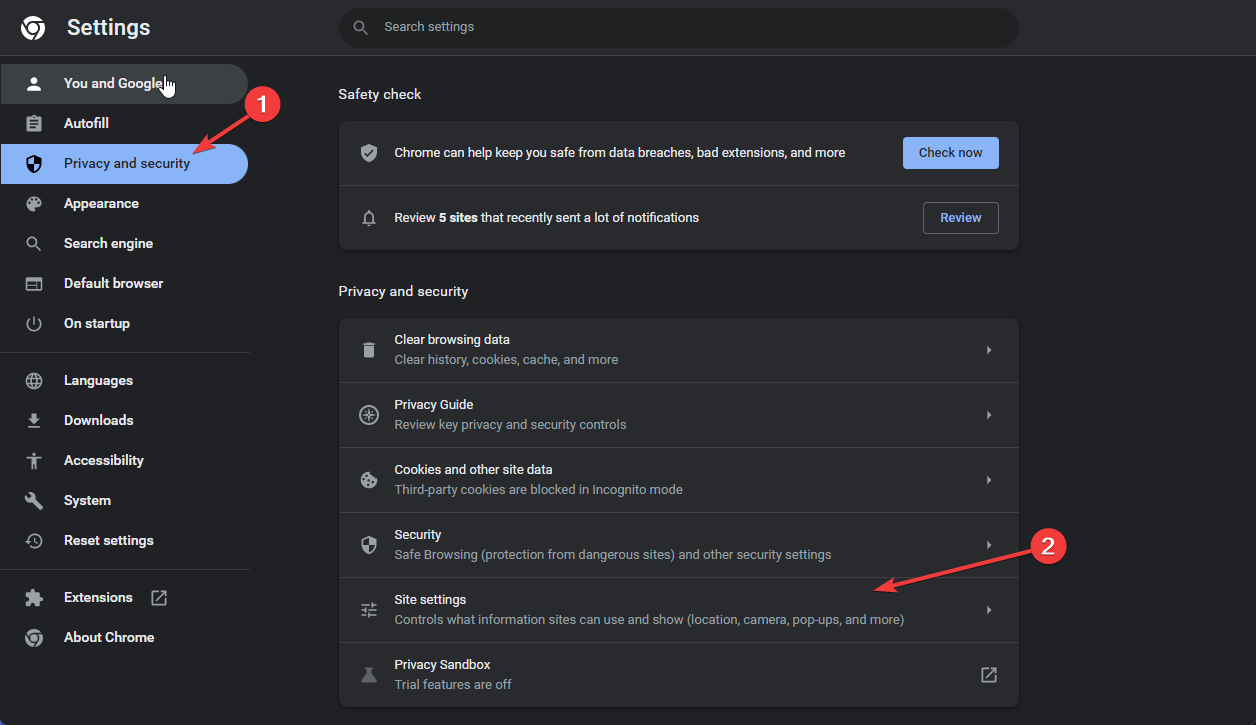 Раздел настроек сайтов в Chrome