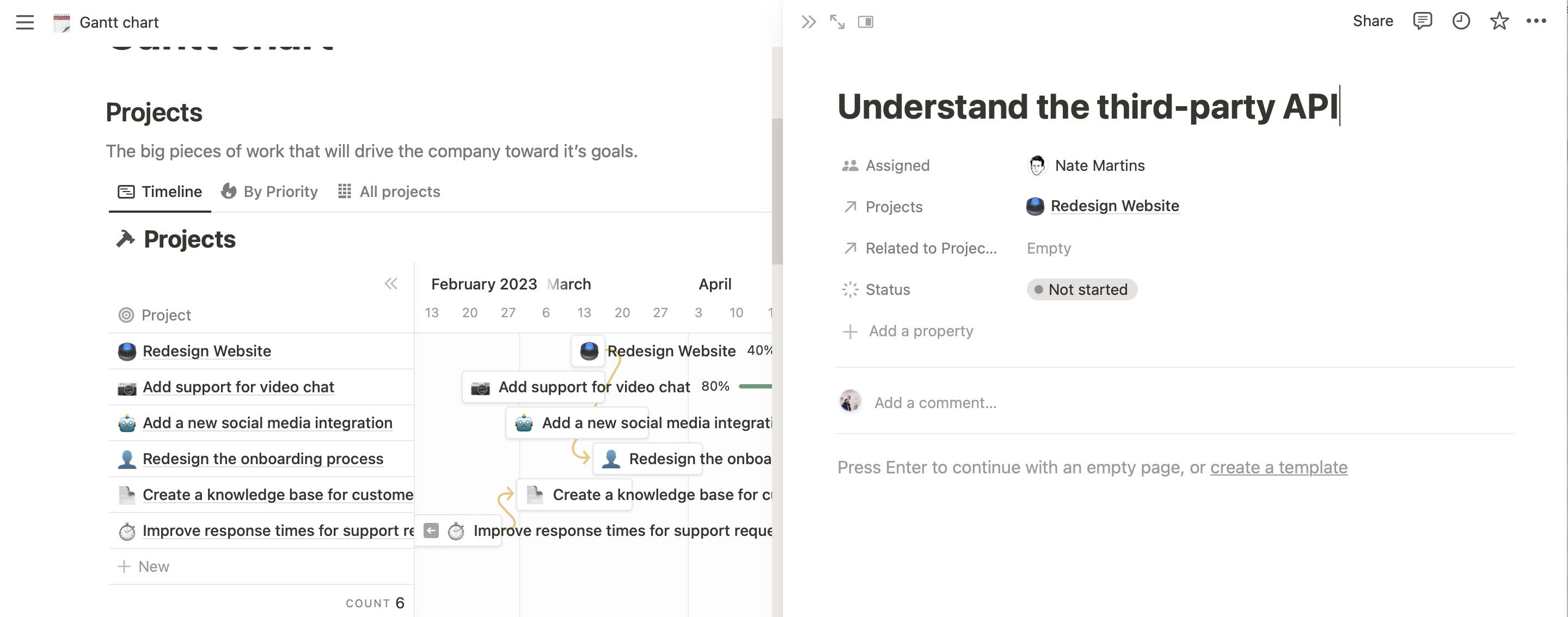 Настройка подзадачи в диаграмме Ганта Notion