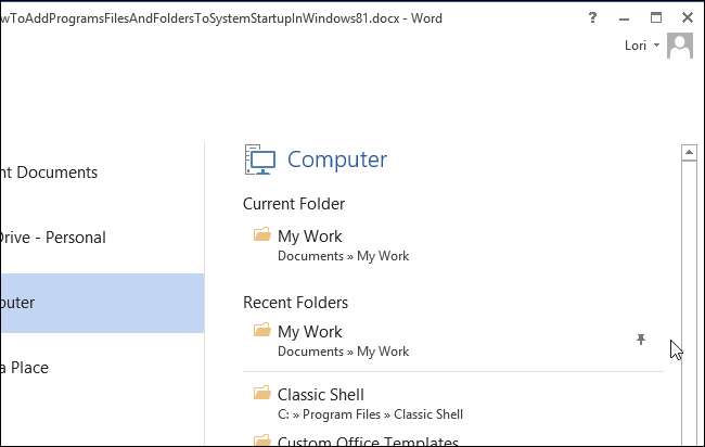 Папка закреплена в списке 'Компьютер'