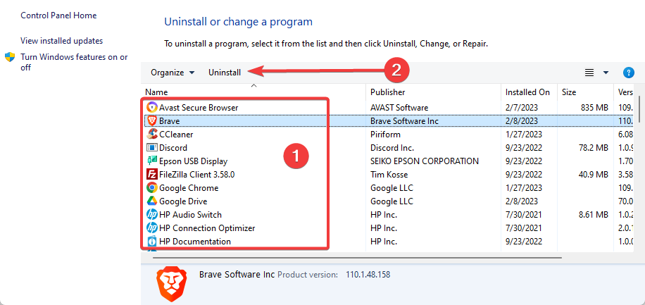 selezione di un'app installata con pulsante Disinstalla