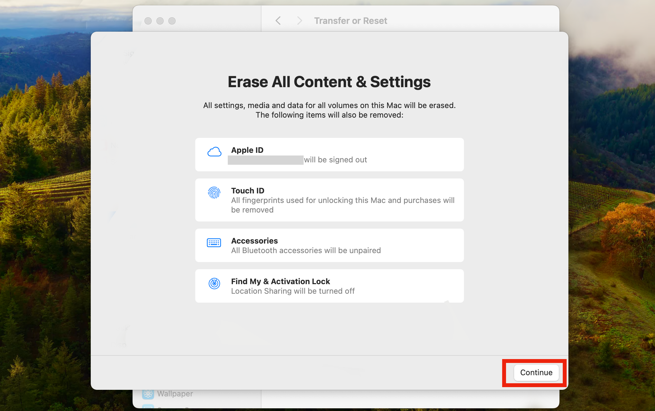 Скриншот с информацией о том, что будет удалено при сбросе.