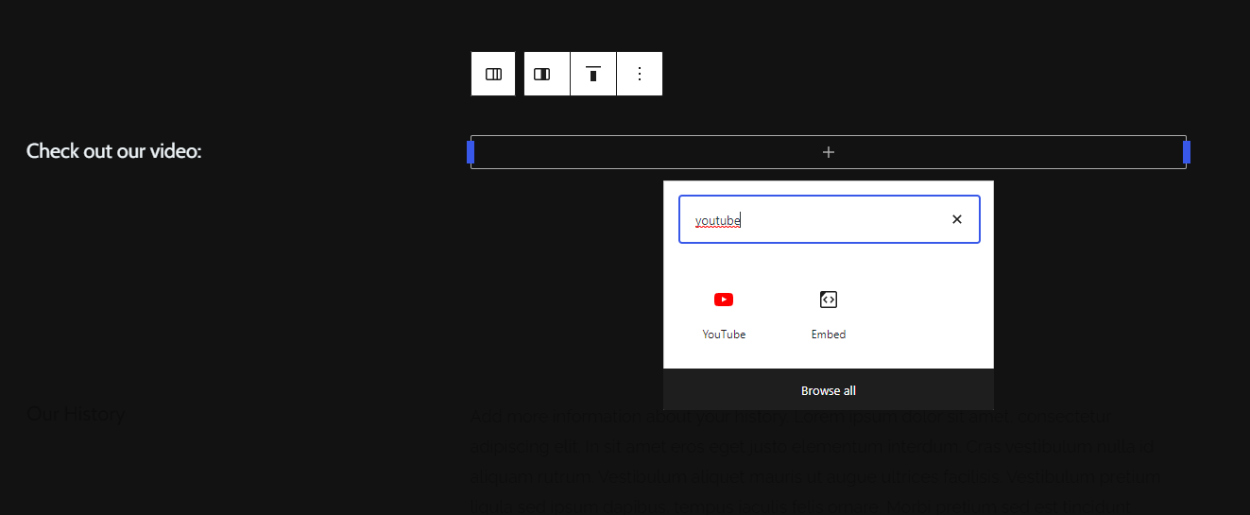 Блок YouTube в редакторе WordPress