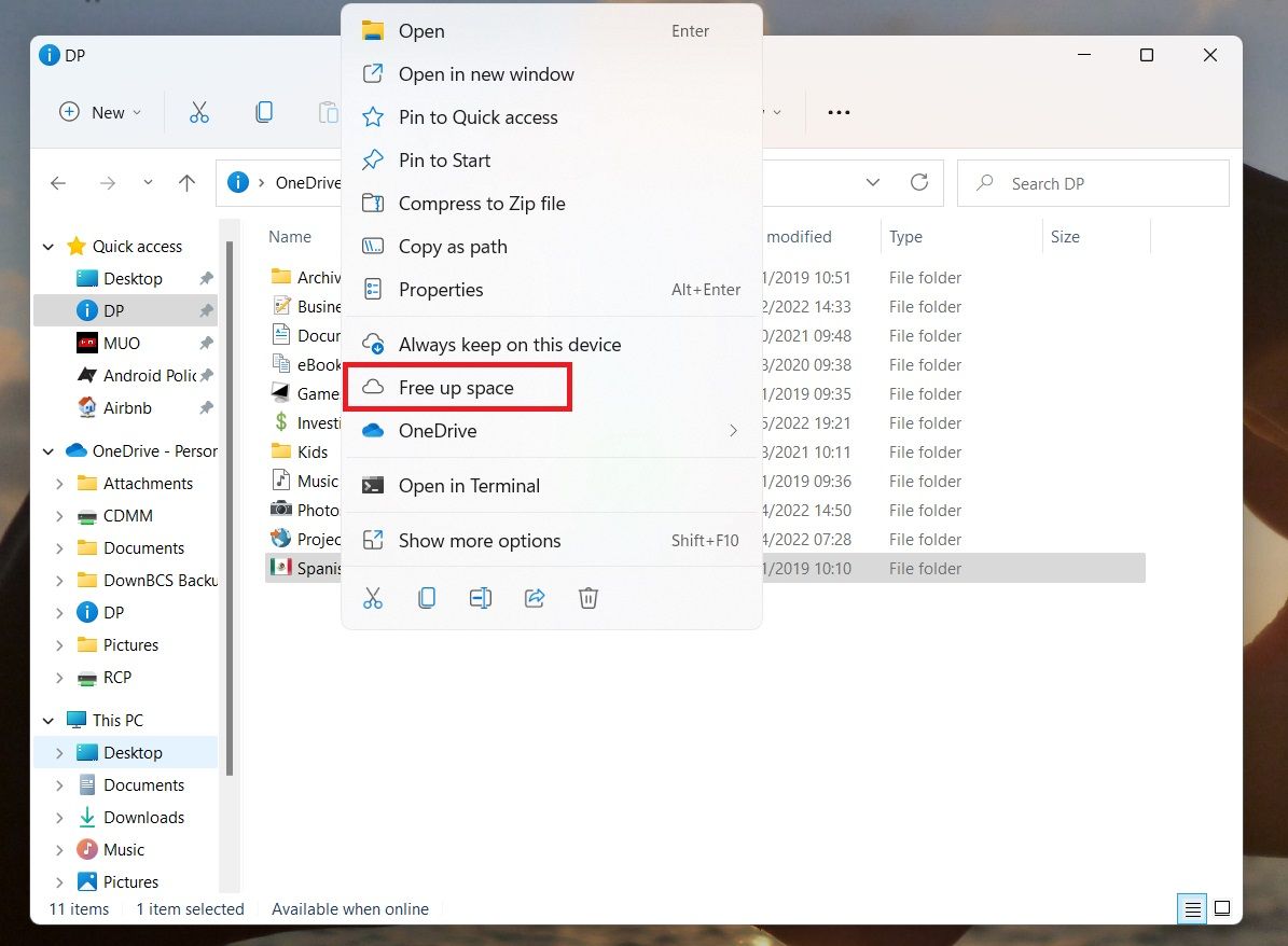 Проводник Windows — пункт 'Освободить место'