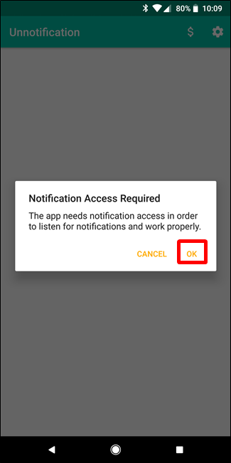 Экран запроса доступа к уведомлениям в Android; кнопка подтверждения «OK»
