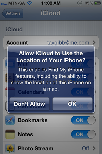 Экран запроса доступа службы «Найти» к местоположению