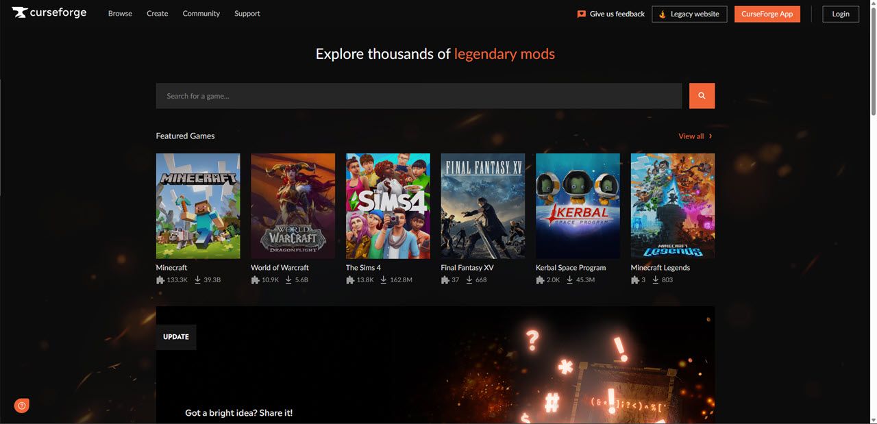 Скриншот сайта CurseForge с каталогом модов