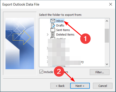 Выбор папок для экспорта в PST